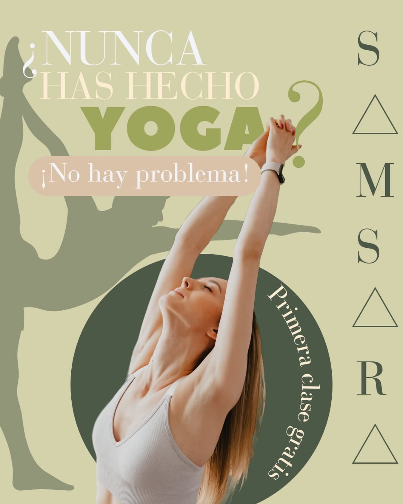 Pieza gráfica de Samsara que invita a quienes nunca han practicado yoga a tomar su primera clase gratis.